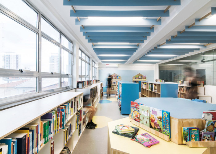 blue and white elementary school library